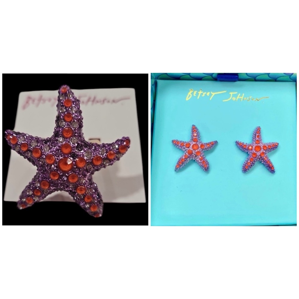 BETSEY JOHNSON SET Mermaid Life Red Crystals Purple Starfish Ring Earrings NWT